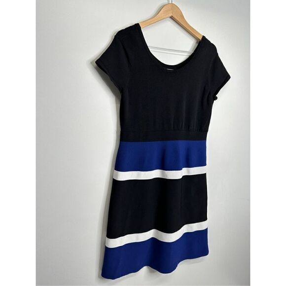 Ann Klein Midi Dress Womens Medium Colorblock A-line Black/Blue Short Sleeve - Picture 3 of 7